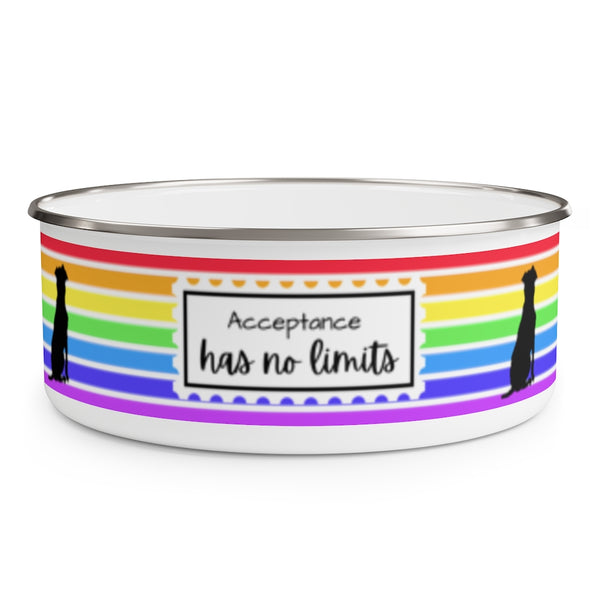 Acceptance Has No Limits Enamel Bowl - the white bowl is wrapped by 7 horizontal rainbow stripes with a postage stamp block of white stating Acceptance has no limits and a black silhouette on each side of the wording.