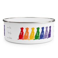 Friends are the Family We Choose Enamel Bowl – Image Description – This white enamel bowl with a silver rim has black text that says “are the family we choose.” On the right of the words, is our “guy and his dog” silhouette in Red, Orange, Yellow, Green, Blue, Indigo and, Violet sitting in a row next to each other with each dog having a white letter in the middle of the silhouette spelling out FRIENDS. 