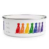 Friends are the Family We Choose Enamel Bowl – Image Description – This white enamel bowl with a silver rim has black text that says “are the family we choose.” On the right of the words, is our “guy and his dog” silhouette in Red, Orange, Yellow, Green, Blue, Indigo and, Violet sitting in a row next to each other with each dog having a white letter in the middle of the silhouette spelling out FRIENDS. 