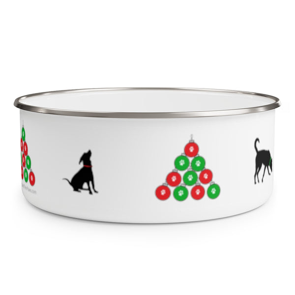 Sit Sniff Christmas Enamel Bowl - Image Description - White bowl with an image with a silhouette of  a black dog sitting next to a pyramid of red and green ornaments  on the other side a partial image of a black dog