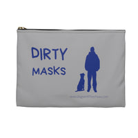 Best Friend Silhouette Dirty Mask Organizer - This light grey bag has the wording "Dirty Masks" blue with a blue silhouette of a dog sitting next to a guy standing.