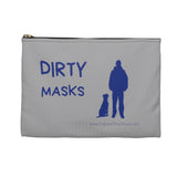 Best Friend Silhouette Dirty Mask Organizer - This light grey bag has the wording "Dirty Masks" blue with a blue silhouette of a dog sitting next to a guy standing.