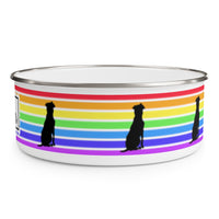 Acceptance Has No Limits Enamel Bowl - the white bowl is wrapped by 7 horizontal rainbow stripes with a 3 black silhouette dogs evenly spaced around the bowl.