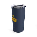 Free Hugs for Dogs 20 oz Tumbler - Side view of  the letters ugs in yellow on a blue tumbler with a rough band of yellow and the letters ogs in blue facing forward with the clear lid on.
