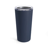 Free Hugs for Dogs 20 oz Tumbler - Image is of a blue tumbler with a with the clear lid on. This is a back view.