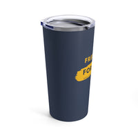 Free Hugs for Dogs 20 oz Tumbler - Side view of Free in yellow on a blue tumbler with a rough band of yellow and the words For in blue facing forward with the clear lid on.