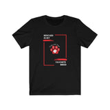 Rescued is My Favorite Breed Tee - Image Description - Black t-shirt with white text, "Rescued is my" in the top left corner of a red box and white text, "Favorite Breed" in the bottom right corner of the red box with the Dogs and Their Paws logo with a red paw print in the middle of the red box. 