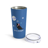 All is Bright Insulated Tumbler  - Image Description - Royal blue insulated tumbler with a clear lid, sitting next to the tumbler, sporting a black dog wearing a Santa hat howling at the moon with snowflakes falling. The statement, "All is bright" under the image.