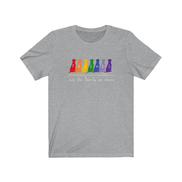 Friends are the Family we Choose Unisex Jersey Tee  - Image Description - Heather grey t-shirt with Friends written in the middle of 7 sitting dogs in rainbow colors, with are the family we choose in white under the 7 dogs.
