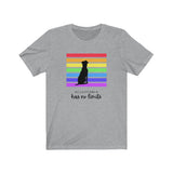 Acceptance Has No Limits Jersey Tee Grey t-shirt  with a black dog sitting in front of 7 horizontal lines  in the rainbow colors with the phrase Acceptance has not limits underneath.
