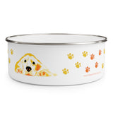 Golden Enamel Bowl – Image Description – On the left side of the white enamel bowl with a silver rim is the head and front paws of a resting golden retriever in yellow, orange and, white with black accents. To the right side are 2 and a half sets of orange and yellow paw prints angled up from bottom to top.