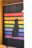 Acceptance Has No Limits black shower curtain with a black dog sitting in front of 7 horizontal lines  in the rainbow colors covering a brown shower