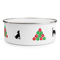 Sit Sniff Christmas Enamel Bowl - Image Description - White bowl with an image with a silhouette of  a black dog with a red collar sitting next to a pyramid of red and green ornaments  on the other side a partial image of a black dog