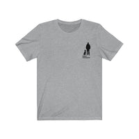 Best Friend Silhouette Heather Grey Jersey Tee with a black silhouette of a dog sitting next to a guy standing with words Best Friend under the dog and guy. 