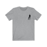 Best Friend Silhouette Heather Grey Jersey Tee with a black silhouette of a dog sitting next to a guy standing with words Best Friend under the dog and guy. 