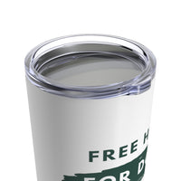 Free Hugs for Dogs 20 oz Tumbler - Close up image of the clear lid with Free H in green visible on a white tumbler with a rough band of green and the letters R D visible in white. 