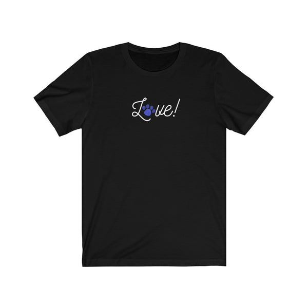 Love Script Paw Print Unisex Jersey Tee - Black t-shirt with the word Love! in white cursive script on the front of the shirt. The O from the word love is a royal blue paw print.