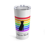 Acceptance Has No Limits white Insulated tumbler with a black dog sitting in front of 7 horizontal lines  in the rainbow colors  on a white background with the travel mug lid on.