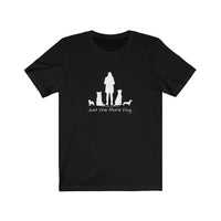 Just One More Dog... Tee - Image Description - Black t-shirt with white silhouettes of 4 dogs and a woman in the middle above, Just One More Dog.  Dogs include standing pug, sitting boarder collie, sitting mix breed dog and standing dachshund    