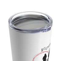 Foster to Forever - Image of white insulated tumbler from above showing a clear plastic lid and with an image of  a black silhouette of a woman standing next to a sitting dog and part of a man surrounded by a red line drawn heart.  The word Foster is above the image. 