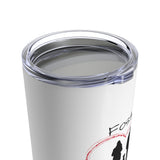 Foster to Forever - Image of white insulated tumbler from above showing a clear plastic lid and with an image of  a black silhouette of a woman standing next to a sitting dog and part of a man surrounded by a red line drawn heart.  The word Foster is above the image. 