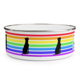 Acceptance Has No Limits Enamel Bowl - the white bowl is wrapped by 7 horizontal rainbow stripes with a 2 black silhouette dogs evenly spaced around the bowl.
