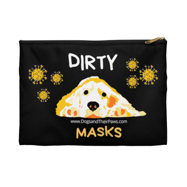 Golden Dirty Mask Organizer - Image Description - black canvas bag with a yellow and orange dog with his ears spread out and his head resting on his paws. The word Dirty in white above the dog's head and the word Masks in yellow below the dog's head. There are 2 groupings of corona virus on either side of the dog with Dirty Masks. 