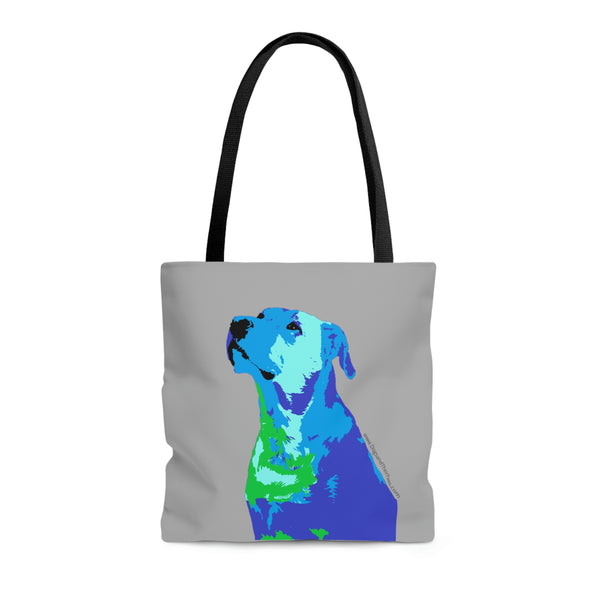 Blue Rescue Foster Adopt Repeat Tote Bag Image Description: Grey tote with black handles displaying an image with a Pitbull mix in shades of blue, green and black. 