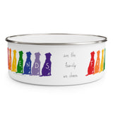 Friends are the Family We Choose Enamel Bowl – Image Description – This white enamel bowl with a silver rim has our “guy and his dog” silhouette in Red, Orange, Yellow, Green, Blue, Indigo and, Violet sitting in a row next to each other with each dog having a white letter in the middle of the silhouette spelling out FRIENDS. There is black text on the right of the dogs that says “are the family we choose.” There is a second grouping of the first 4 dog silhouettes in rainbow colors.