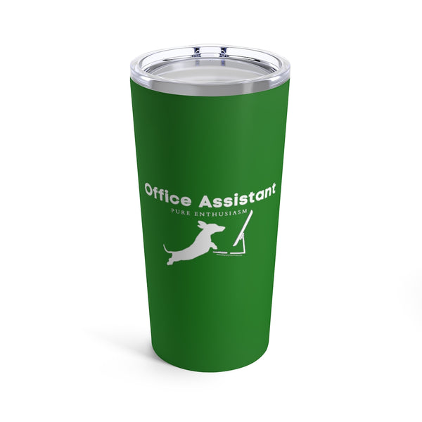 Office Assistant Pure Enthusiasm Insulated Tumbler - Image Description - Bright Green insulated tumbler with clear cover lid with the header, "Office Assistant" and a sub header, "Pure Enthusiasm". Underneath the white header is a white silhouette of a dachshund jumping onto the keyboard of a computer looking at the monitor with pure abandon. 