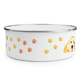 Golden Enamel Bowl – Image Description – On the left side of the white enamel bowl with a silver rim is the head and front paws of a resting golden retriever in yellow, orange and, white with black accents. To the right side are 2 and a half sets of orange and yellow paw prints angled up from bottom to top.