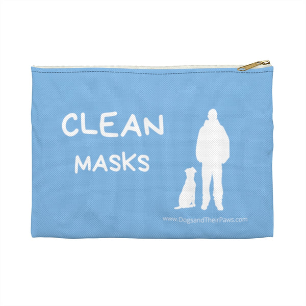Best Friend Silhouette Clean Mask Organizer - This light blue bag has the wording "Clean Masks" with a white silhouette of a dog sitting next to a guy standing. 