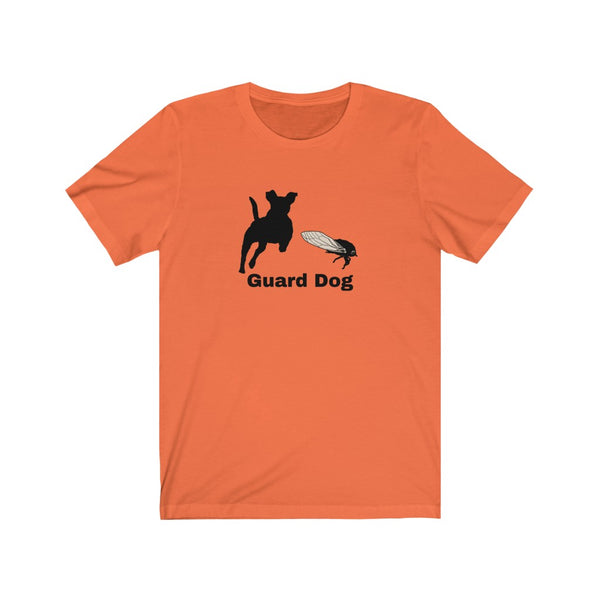 Cicada Guard Dog Jersey Tee - Orange t-shirt with black silhouette of terrier running towards a silhouette of a Cicada with white wings. Underneath the image are the words Guard Dog under the image.  This shirt makes a good gift to remember the year of the Cicadas.