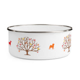 Autumn Is Calling Enamel Bowl - Image Description - White bowl with silver rim. The bowl shows autumn tree with red, orange and yellow paw prints as leaves with a orange pug dog between the trees.