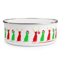 Reindog Tryouts Holiday Enamel Bowl – Image Description – This white enamel bowl with a silver rim has our “guy and his dog” dog sitting around the bowl in alternating bright red and bright green. The bright green dogs are wearing red Santa hats and the red dogs have reindeer antlers. Every other red dog has a Christmas ball hanging from their antlers. 10 dogs are visible in this image.