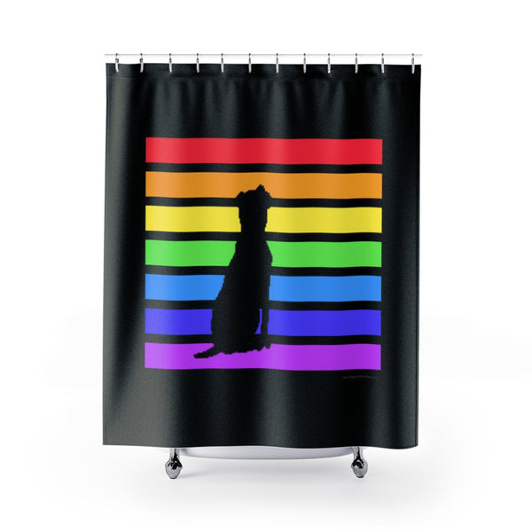 Acceptance Has No Limits black shower curtain with a black dog sitting in front of 7 horizontal lines  in the rainbow colors with two legs of a claw foot tub visible behind the curtain