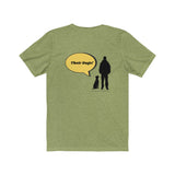 What I like best about people jersey tee - This Green Heather crew neck t-shirt back has a silhouette of a dog sitting next to a guy standing with a bright yellow speech bubble  coming from the man. The man says, "Their Dogs!"