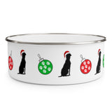 Holiday Santa Paws Enamel Bowl – Image Description – This white enamel bowl with a silver rim has our “guy and his dog” black silhouette wearing a red Santa hat sitting around the bowl alternating with bright red and bright green Christmas balls decorated with white paw prints. 