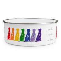 Friends are the Family We Choose Enamel Bowl – Image Description – This white enamel bowl with a silver rim has our “guy and his dog” silhouette in Red, Orange, Yellow, Green, Blue, Indigo and, Violet sitting in a row next to each other with each dog having a white letter in the middle of the silhouette spelling out FRIENDS. There is black text on the right of the dogs that says “are the family we choose.”