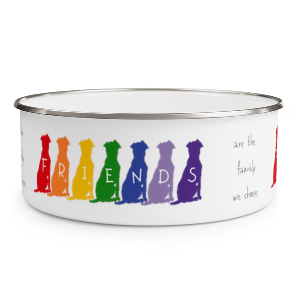 Friends are the Family We Choose Enamel Bowl – Image Description – This white enamel bowl with a silver rim has our “guy and his dog” silhouette in Red, Orange, Yellow, Green, Blue, Indigo and, Violet sitting in a row next to each other with each dog having a white letter in the middle of the silhouette spelling out FRIENDS. There is black text on the right of the dogs that says “are the family we choose.”