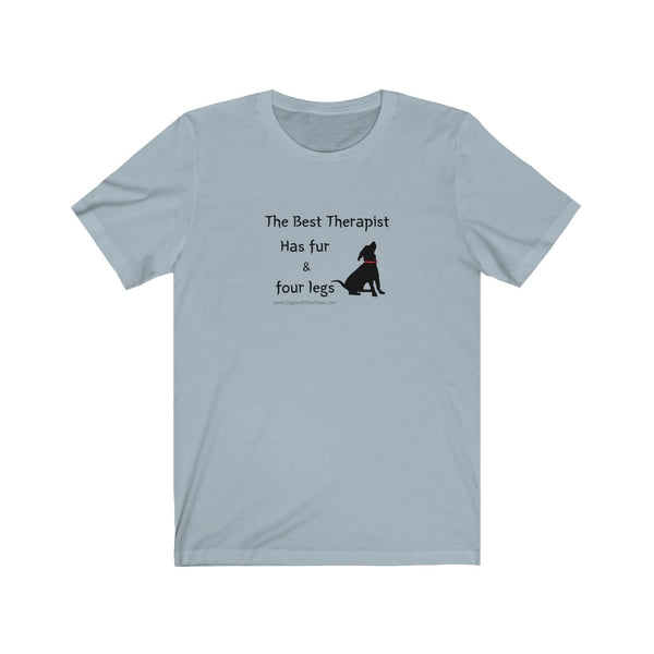 Best Therapist Has Fur & Four Legs Tee - Image description Light blue t-shirt with a small black puppy with red collar sittings with The Best Therapist Has fur and four legs in a black handwritten text.
