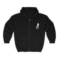 Best Friend Full Zip Hooded Sweatshirt - Image Description: Full Zip Black Hooded Sweatshirt with a black silhouette of a dog sitting next to a guy standing with words Best Friend under the dog and guy.