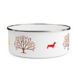 Autumn Is Calling Enamel Bowl - Image Description - White bowl with silver rim. The bowl shows autumn tree with red, orange and yellow paw prints as leaves with a red dachshund dog standing between the trees.