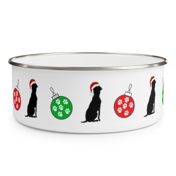 Holiday Santa Paws Enamel Bowl – Image Description – This white enamel bowl with a silver rim has our “guy and his dog” black silhouette wearing a red Santa hat sitting around the bowl alternating with bright red and bright green Christmas balls decorated with white paw prints. 