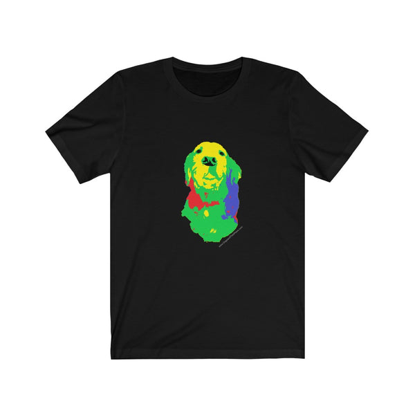 Golden Retriever Splash of Color Tee - Image Description - Black t-shirt with a Yellow, Green, Blue and Red image of the head and neck of a golden retriever.
