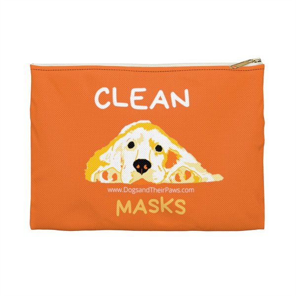 Golden Clean Mask Organizer - Image Description - white zippered orange canvas bag with a yellow and orange dog with his ears spread out and his head resting on his paws. The word Clean in white above the dog's head and the word Masks in yellow below the dog's head. 