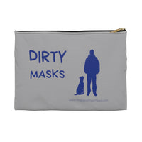 Best Friend Silhouette Dirty Mask Organizer - This light grey bag has the wording "Dirty Masks" blue with a blue silhouette of a dog sitting next to a guy standing.