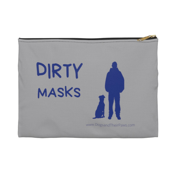 Best Friend Silhouette Dirty Mask Organizer - This light grey bag has the wording "Dirty Masks" blue with a blue silhouette of a dog sitting next to a guy standing.