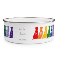 Friends are the Family We Choose Enamel Bowl – Image Description – This white enamel bowl with a silver rim has our “guy and his dog” silhouette in Green, Blue, Indigo and, Violet sitting in a row next to each other with each dog having a white letter in the middle of the silhouette spelling out FRIENDS. There is black text on the right of the dogs that says “are the family we choose.” There is a second grouping of the first 6 dog silhouettes in in Red, Orange, Yellow, Green, Blue, and Indigo.
