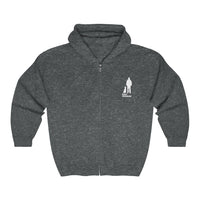 Best Friend Full Zip Hooded Sweatshirt - Image Description: Full Zip Dark Grey Hooded Sweatshirt with white silhouette of a dog sitting next to a guy standing with words Best Friend under the dog and guy. 